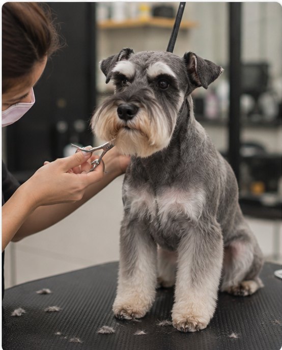 Schnauzer sendo acabado na tesoura
