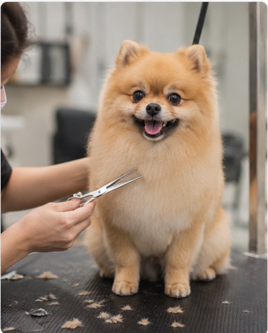 Lulu da pomerânia sendo tosado na tesoura