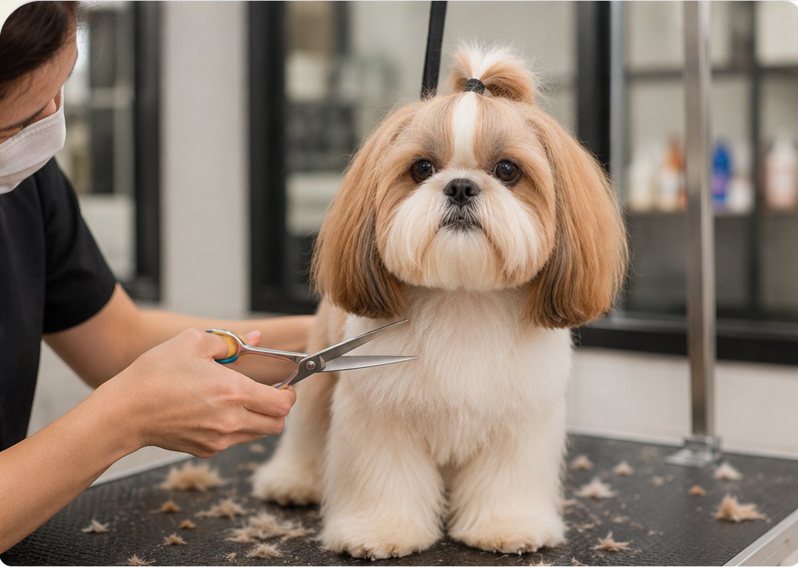 Shih tzu sendo tosado na tesoura sobre a mesa do banho e tosa