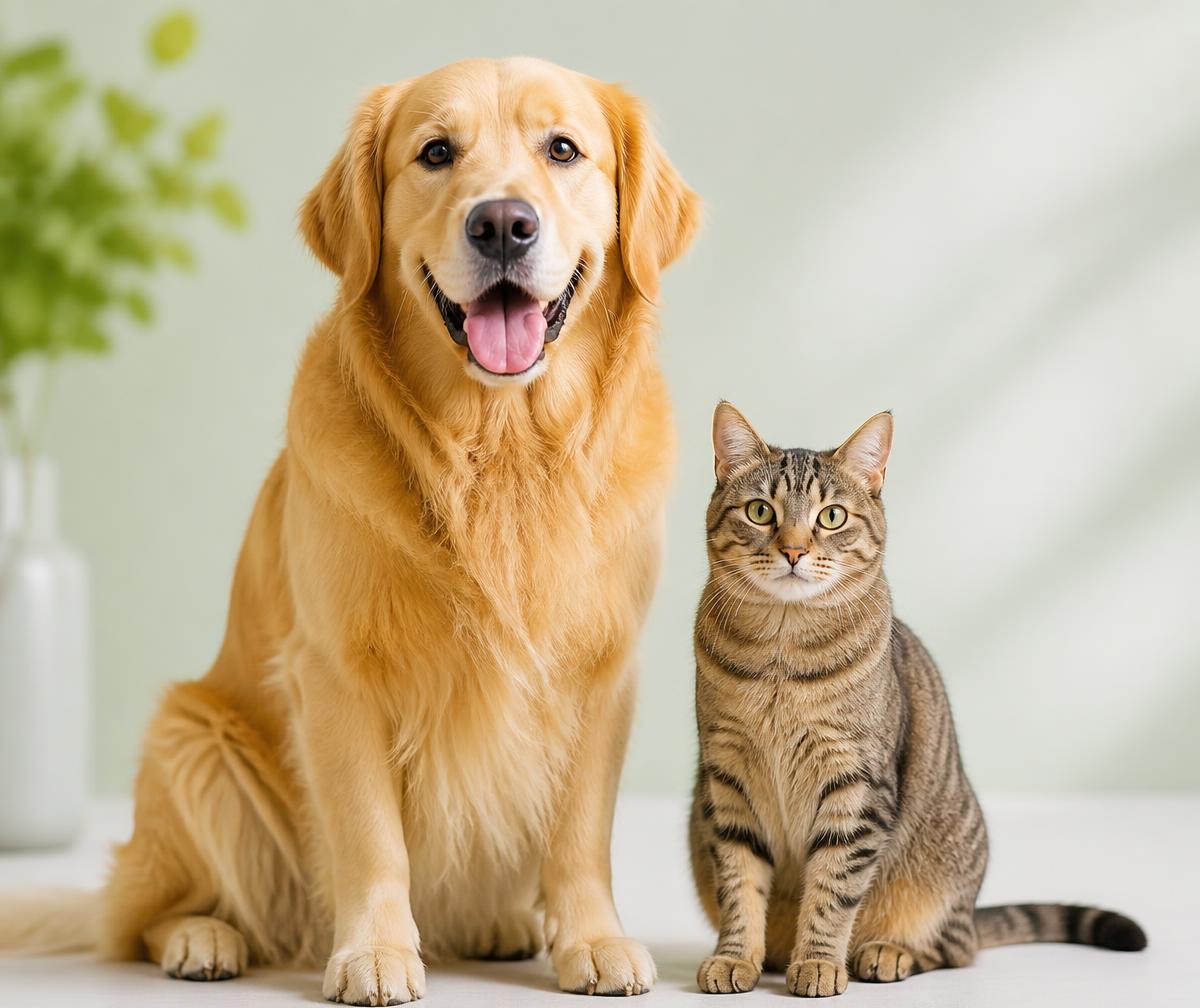 Um cão golden retriever e um gato sentados lado a lado